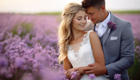 A newlywed couple radiates pure love and joy on their wedding day. Emotions are vivid as they embrace amidst a sea of smiles, capturing the essence of their profound and unforgettable moment. Generative AI illustrationsの素材