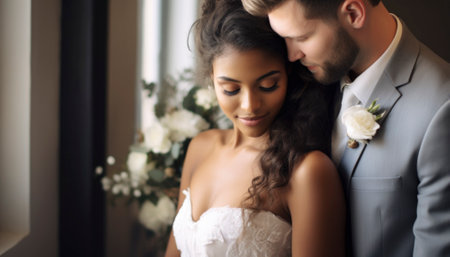 A newlywed couple radiates pure love and joy on their wedding day. Emotions are vivid as they embrace amidst a sea of smiles, capturing the essence of their profound and unforgettable moment. Generative AI illustrationsの素材