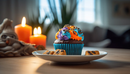 A delectable cupcake adorned with exquisite decorations, enticingly beckoning with its irresistible charm. Its delicious allure is captured through vibrant colors and intricate details, promising a delightful indulgence.. Generative AI illustrationsの素材