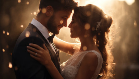 A newlywed couple radiates pure love and joy on their wedding day. Emotions are vivid as they embrace amidst a sea of smiles, capturing the essence of their profound and unforgettable moment. Generative AI illustrationsの素材