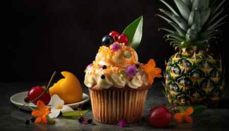 A delectable cupcake adorned with exquisite decorations, enticingly beckoning with its irresistible charm. Its delicious allure is captured through vibrant colors and intricate details, promising a delightful indulgence.. Generative AI illustrationsの素材