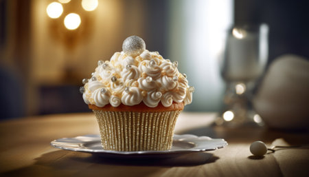 A delectable cupcake adorned with exquisite decorations, enticingly beckoning with its irresistible charm. Its delicious allure is captured through vibrant colors and intricate details, promising a delightful indulgence.. Generative AI illustrationsの素材