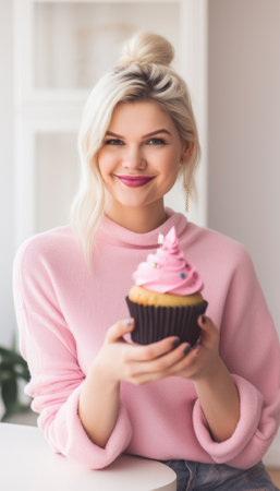 A joy-filled woman holds a delectable cupcake, its frosting adorned intricately. Her eager anticipation is palpable as she prepares to savor the delightful treat, a moment of pure indulgence captured. Generative AI illustrationsの素材