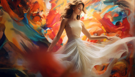 Vibrant artwork portrays a chic female model donning a stylish dress. The painting exudes creativity, showcasing an elegant woman with intricate details and an array of vivid colors, a testament to artistic excellence. Generative AI illustrationsの素材