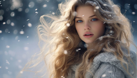 A stunning young woman, dressed in cozy knitwear, poses in the snowy winter landscape. Her beauty shines through the cold, creating a captivating portrait. Generative AI illustrationsの素材
