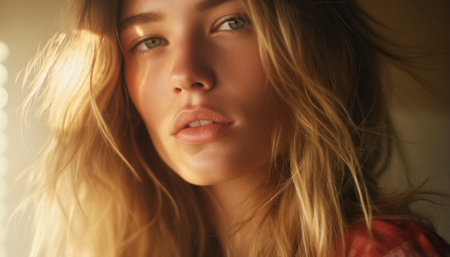 A close-up photo of a young woman with flawless skin, radiating a healthy and serene aura. Her face beams with natural beauty, reflecting impeccable skincare and overall wellness.. Generative AI illustrationsの素材