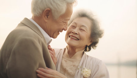 A sweet, elderly couple on a date, radiating love and joy. The man and woman wear smiles that light up the room, capturing a beautiful moment of romance in their twilight years Generative AI illustrationsの素材