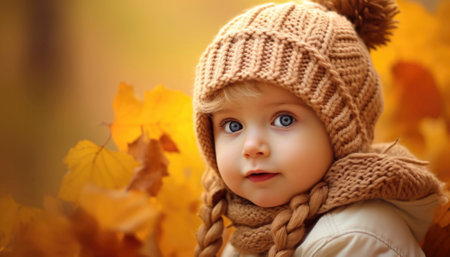 A sweet girl wearing a cozy knitted hat, surrounded by vibrant autumn leaves in beautiful fall colors.の素材