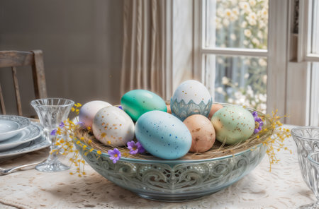 Vibrant Easter eggs, splashed in bright colors, lie in a basket. Each one's a different shade, like a rainbow in a nest. They shine and bring joy, ready for celebrationの素材