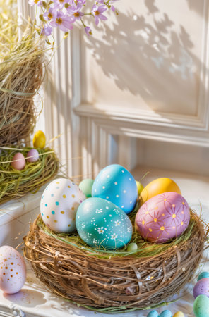 Easter scene with colorful eggs nestled among vibrant flowers, all inside a shiny ornament. It's a cheerful burst of spring, radiating joy and festivity with its lively colors and playful arrangementの素材