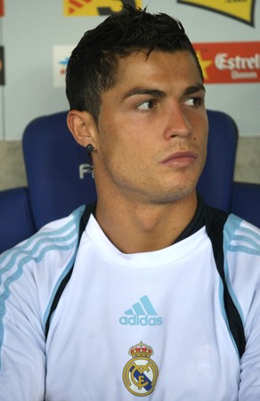 Cristiano Ronaldo of Real Madrid before a Spanish League match against RCD Espanyol at the Estadi Cornella-El Prat on September 12, 2009 in Barcelona, Spainのeditorial素材