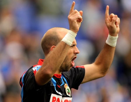 Gonzalo Colsa of Racing de Santander celebrating goal during a spanish league match between Espanyol and Racing de Santander at the Estadi Cornella on April 3, 2011 in Barcelona, Spainのeditorial素材