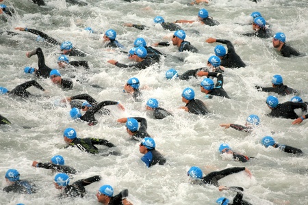 Triathletes on Start of the Barcelona Garmin Triathlon event at Barcelona beach on October 16, 2011 in Barcelona, Spainのeditorial素材