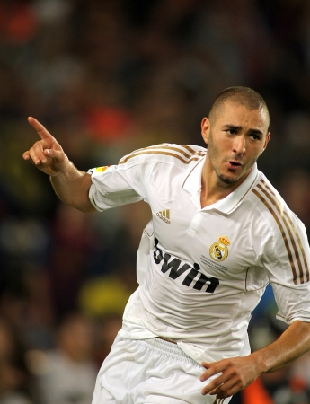 Karim Benzema of Real Madrid celebrating goal during the Spanish Supercup football match between Barcelona vs Real Madrid at the New Camp Stadium in Barcelona, on August 17, 2011のeditorial素材