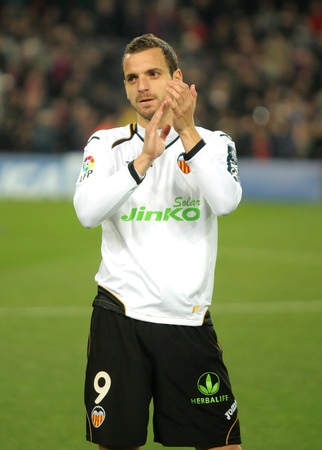 Roberto Soldado of Valencia CF before the Spanish league match at the Camp Nou stadium on February 19, 2012 in Barcelona, Spainのeditorial素材