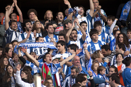 Real sociedad supporters celebrating goal during a Spanish league match against RCD Espanyol at the Estadi Cornella on November 30, 2013 in Barcelona, Spainのeditorial素材