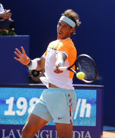 Spanish tennis player Rafa Nadal in action during a match of Barcelona tennis tournament Conde de Godo on April 23 2015 in Barcelonaのeditorial素材
