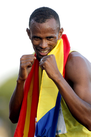Djiboutian athlete Ayanleh Souleiman celebrating victory in 1500 meters of the Athletics International Meeting of Catalan Federation at the Serrahima Stadium on July 8 2015 in Barcelona, Spainのeditorial素材