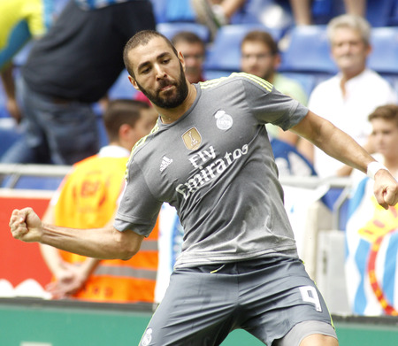 Karim Benzema of Real Madrid during a Spanish League match against RCD Espanyol at the Power8 stadium on September 12 2015 in Barcelona Spainのeditorial素材