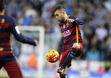 Jordi Alba of FC Barcelona during a Spanish League match against RCD Espanyol at the Power8 stadium on January 2, 2016 in Barcelona, Spainのeditorial素材