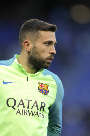 Jordi Alba of FC Barcelona before a Spanish League match against RCD Espanyol at the RCDE Stadium on April 29 2017, in Barcelona Spainのeditorial素材
