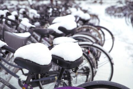Leisure bikes sit out in the snow.の写真素材