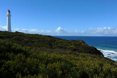 A tall white lighthouse stands in the distance of the seashore and vegetation.の写真素材