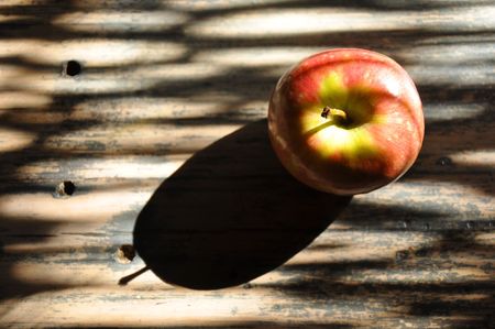 A juicy red apple sits on a rustic country bench in beautiful morning light.の写真素材