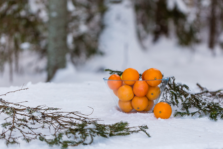 Oranges in a glass bowl on a table in the winter.の写真素材