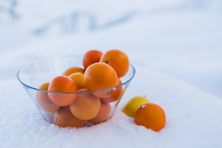 Oranges in a glass bowl on a table in the winter.の写真素材
