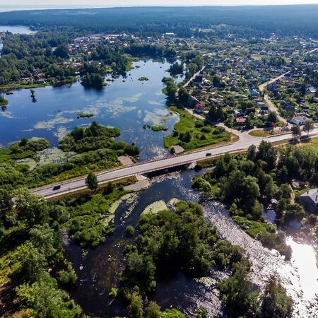 Panorama of the city of Priozersk high. Bridge and Central street Priozersk, Leningrad region, Russia.の写真素材