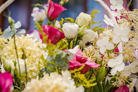 Beautiful bouquet of fresh flowers on a stone slab.の写真素材