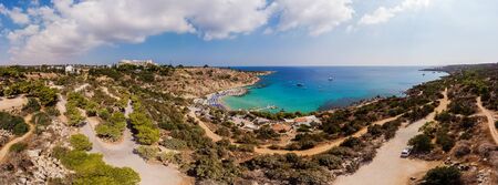 Panorama of the coastline of the beach of the Mediterranean sea. Cyprus Ayia NAPA Protaras 2019...