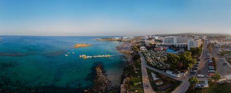 Panorama of the coastline of the beach of the Mediterranean sea. Cyprus Ayia NAPA Protaras 2019 Aerial Photography.の写真素材