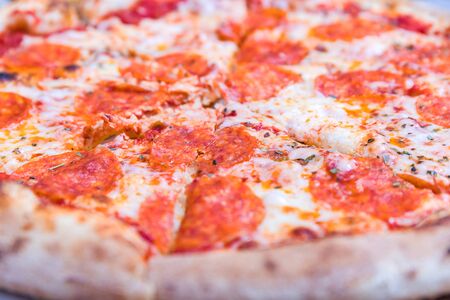 Delicious pepperoni pizza and basil tomato cooking ingredients. Top view of hot pepperoni pizza.の写真素材