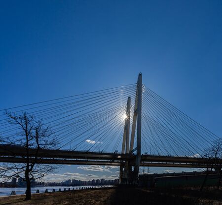      Saint-Petersburg. Russia. Traffic. Obukhov bridge across the Neva. Vansu bridge. The highway...
