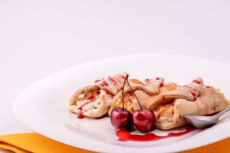 Pies with cottage cheese and powdered sugar on  whiteの写真素材