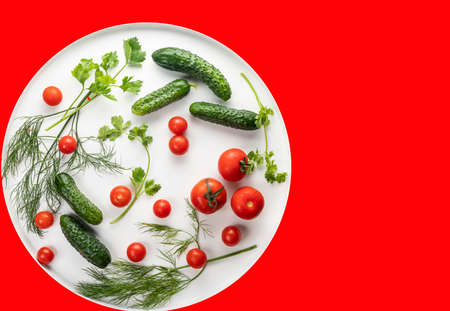 Fresh cucumbers and tomatoes with herbs with water drops on a round white background.の写真素材