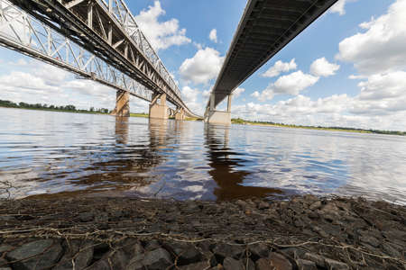 Urban landscape with a view of the bridge over the Volga river in Nizhny Novgorod, Russia.の写真素材
