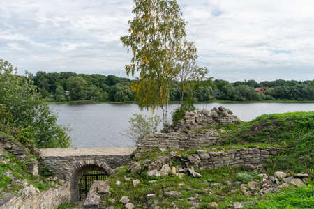 Beautiful landscape with a view of the birch trees that grew on the stones of the old fortress.の写真素材