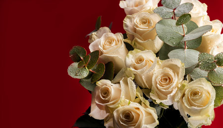 Bouquet of white roses with eucalyptus branches with water drops on a red background.の写真素材