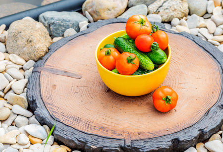 Tomatoes and cucumbers in a yellow plate.の写真素材