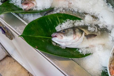 Fresh sea fish in ice on a palm leaf.の写真素材