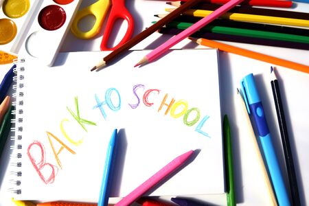 Education artist desk with water colour, crayons,, pencil with copy space on table.の写真素材