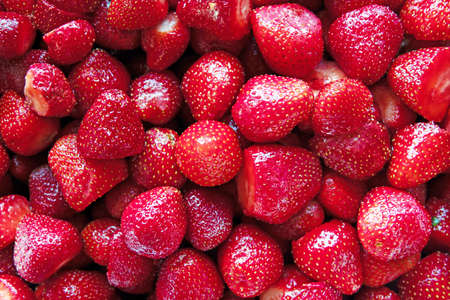 background from freshly harvested strawberries, directly aboveの写真素材