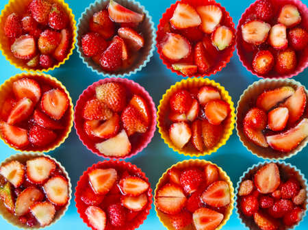 Strawberry jelly isolated on blue backgroundの写真素材