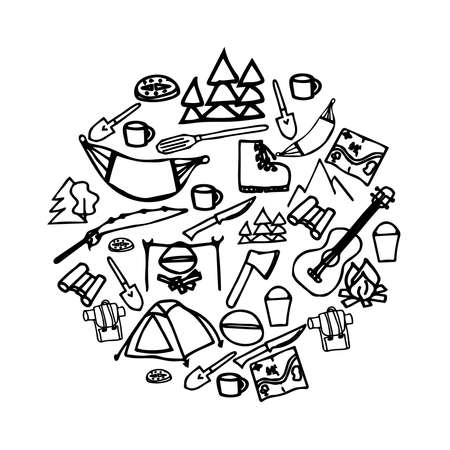hiking equipment info graphics mountain doodleの写真素材