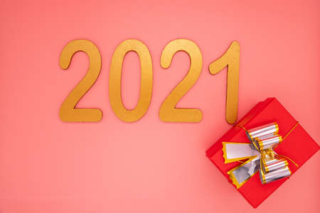 forming 2021 from wooden numbers, holidays concept