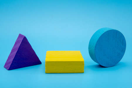 Colorful abstract geometric background with three-dimensional solid figures. Pyramid Dodecahedron prism rectangular cube arrangedの写真素材