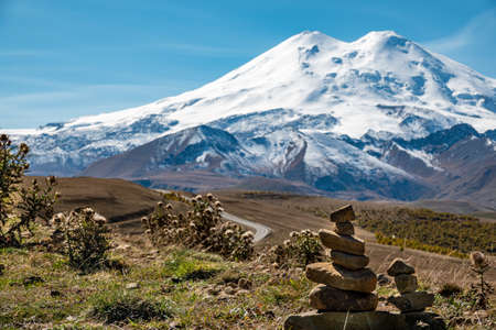 Elbrus And Green Hills At Sunny Summer Day. Elbrus Region, North Caucasus, Russiaの写真素材